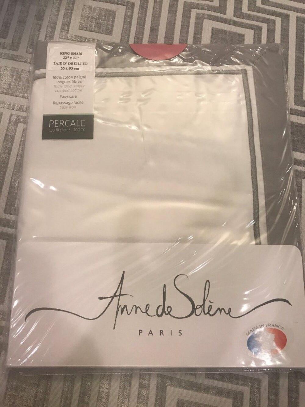 Anne De Solene King Sham Export White Gray Border Percale 300 TC